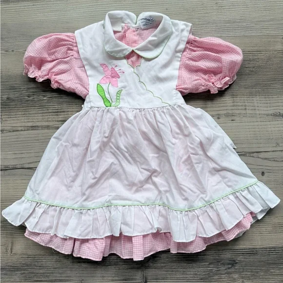 90's Nanas Pet JCPenney Pink Gingham Floral Peter Pan neck Vintage Ruffle Dress - Picture 1 of 6